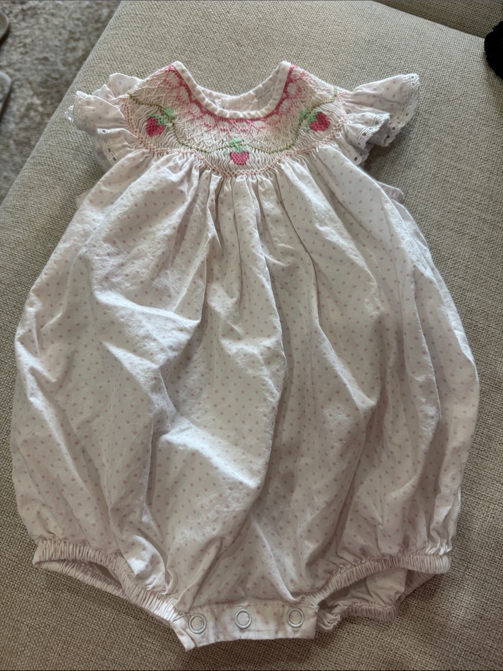 Baby Pink Smocked Strawberry Bubble Romper